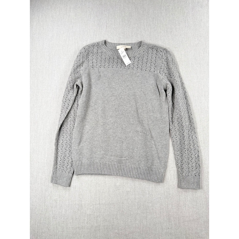 Loft Womens Gray Pointelle Crochet Yoke Cotton Knit Sweater Small NWT